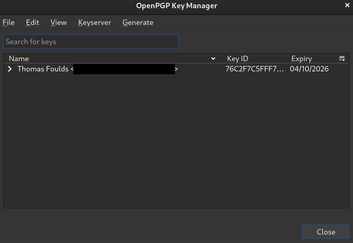 Public key imported into Thunderbird